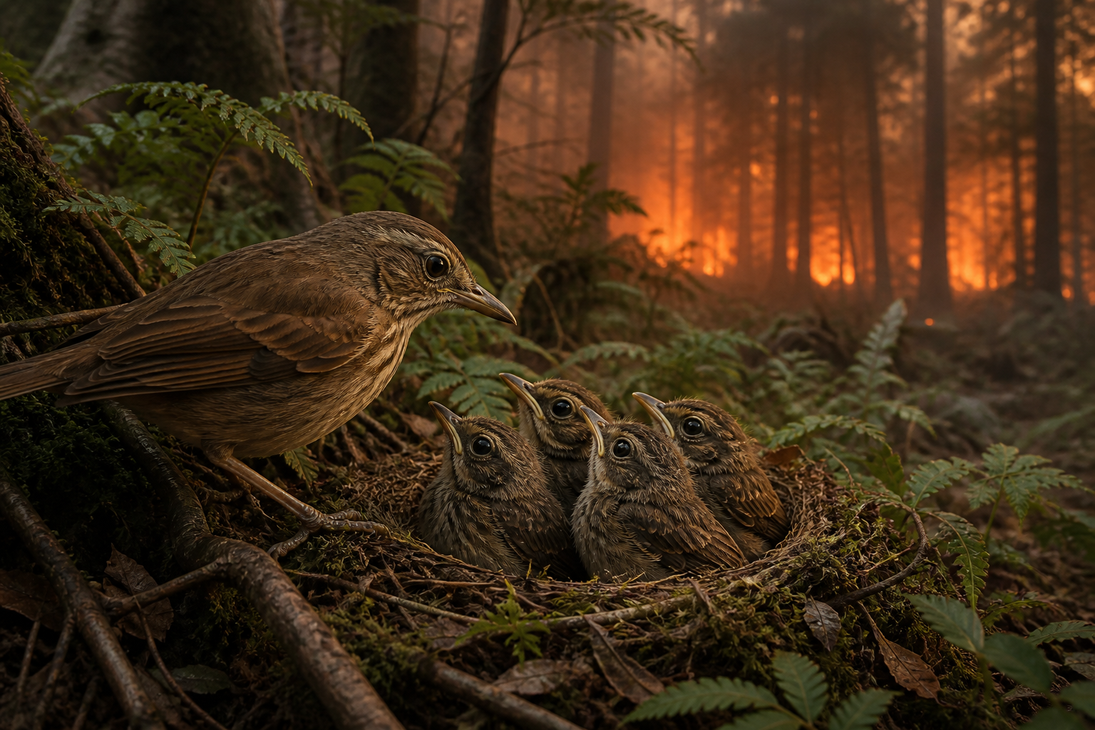 Jarita faces four fledglings in a nest while the glow of a forest fire appears through smoke-filled trees.