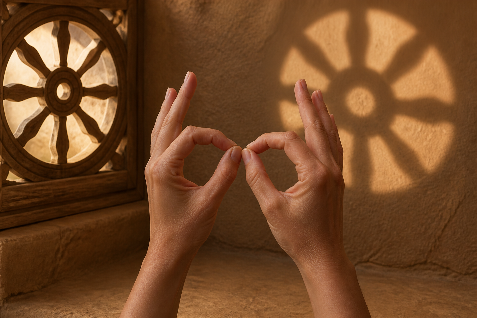Hands forming two finger circles are framed by a wheel-shaped pattern of sunlight on an earthen wall.