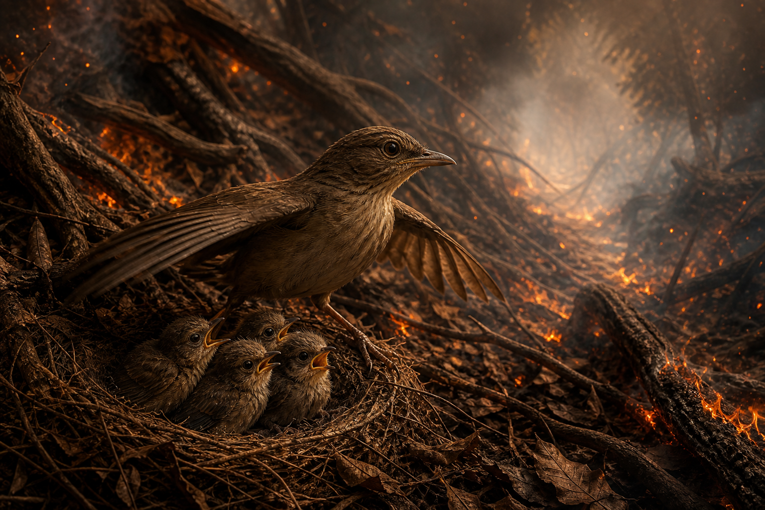 Jarita looks back toward four fledglings as smoke and burning branches close off paths through the forest.