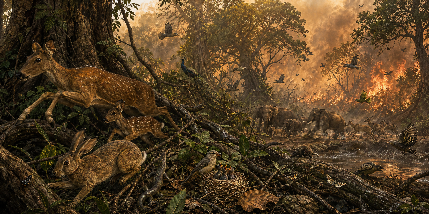 Birds, deer, reptiles, insects, and other animals move through the smoke-filled Khandava Forest as fire advances among the trees.