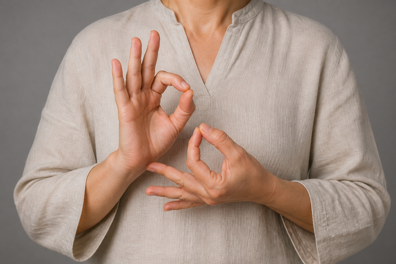 Close view of the commonly recognized Dharma Chakra Mudra formed with relaxed hands at chest level.