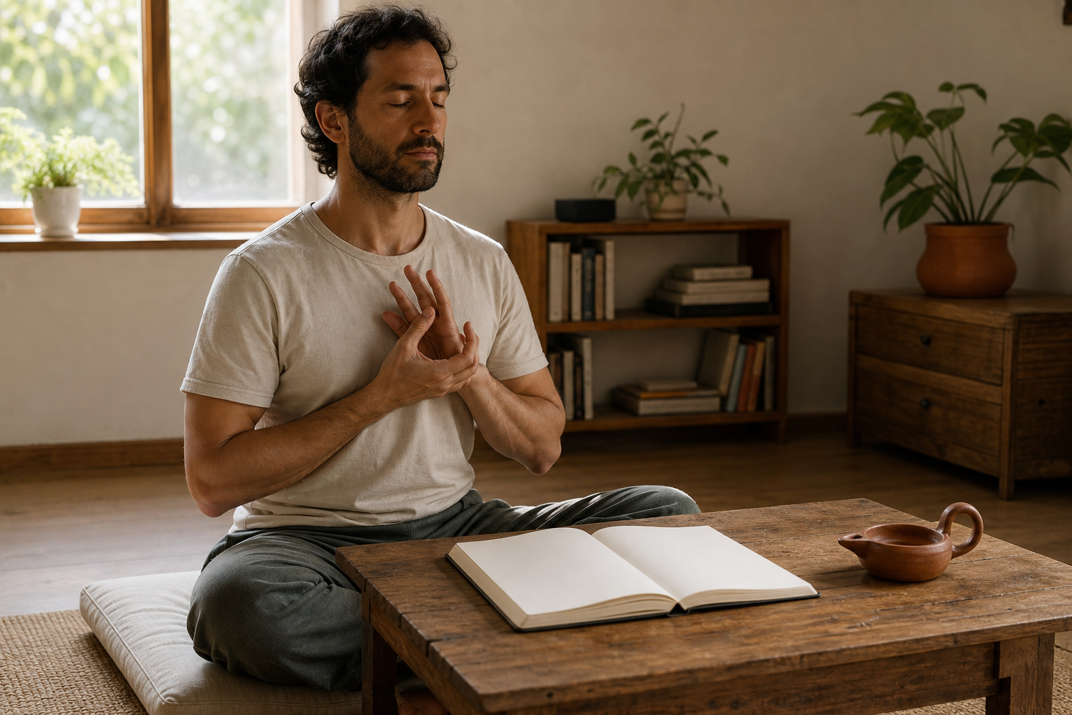A practitioner holds Dharma Chakra Mudra during a quiet morning practice in a simple home setting.