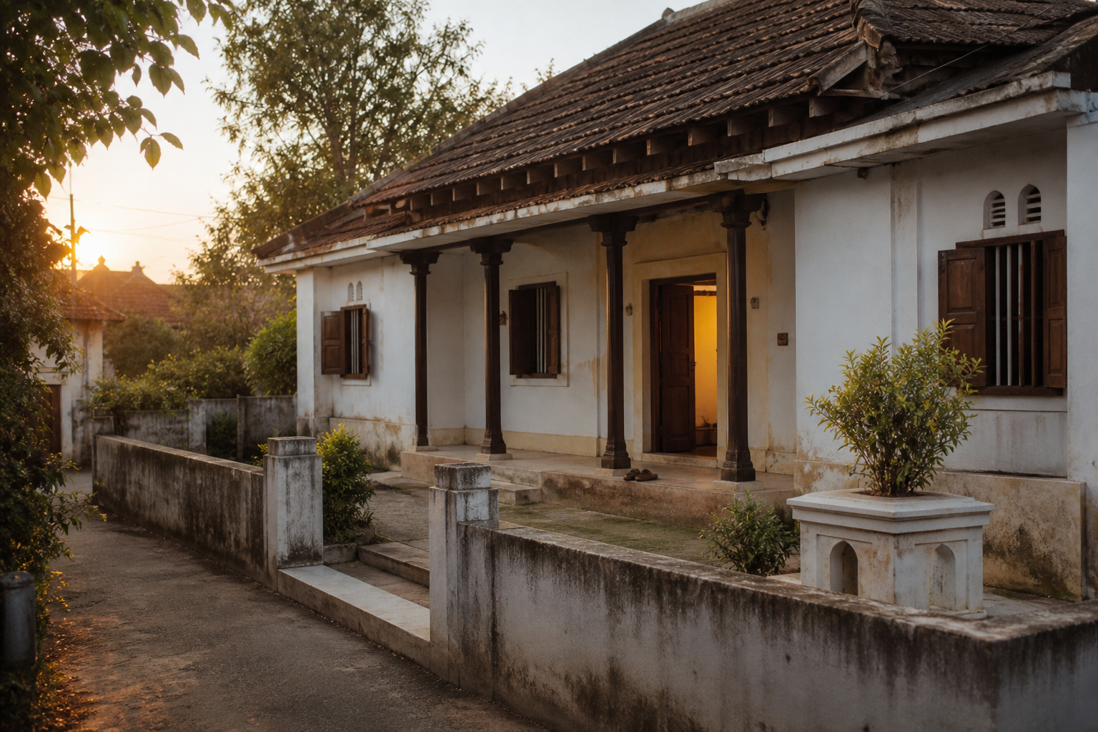 A modest heritage house with a veranda, wooden shutters and a tulasi plant illuminated by soft morning light.