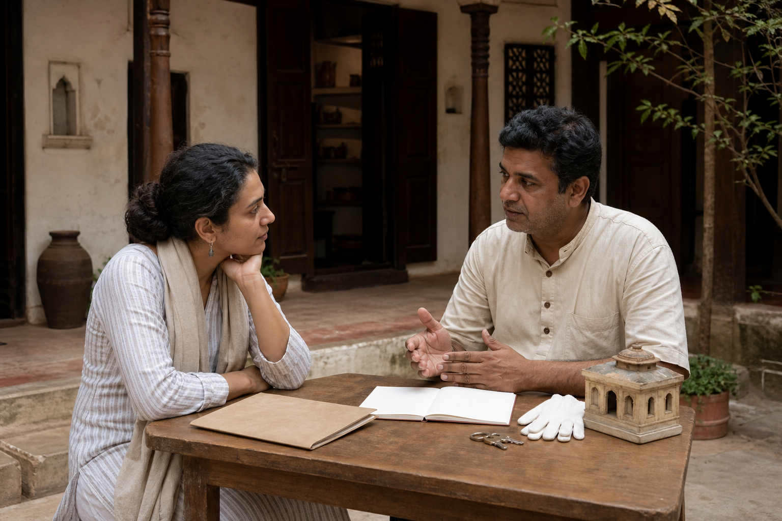 A visitor and caretaker confer at a table holding a notebook, conservation gloves, keys and a small house model.