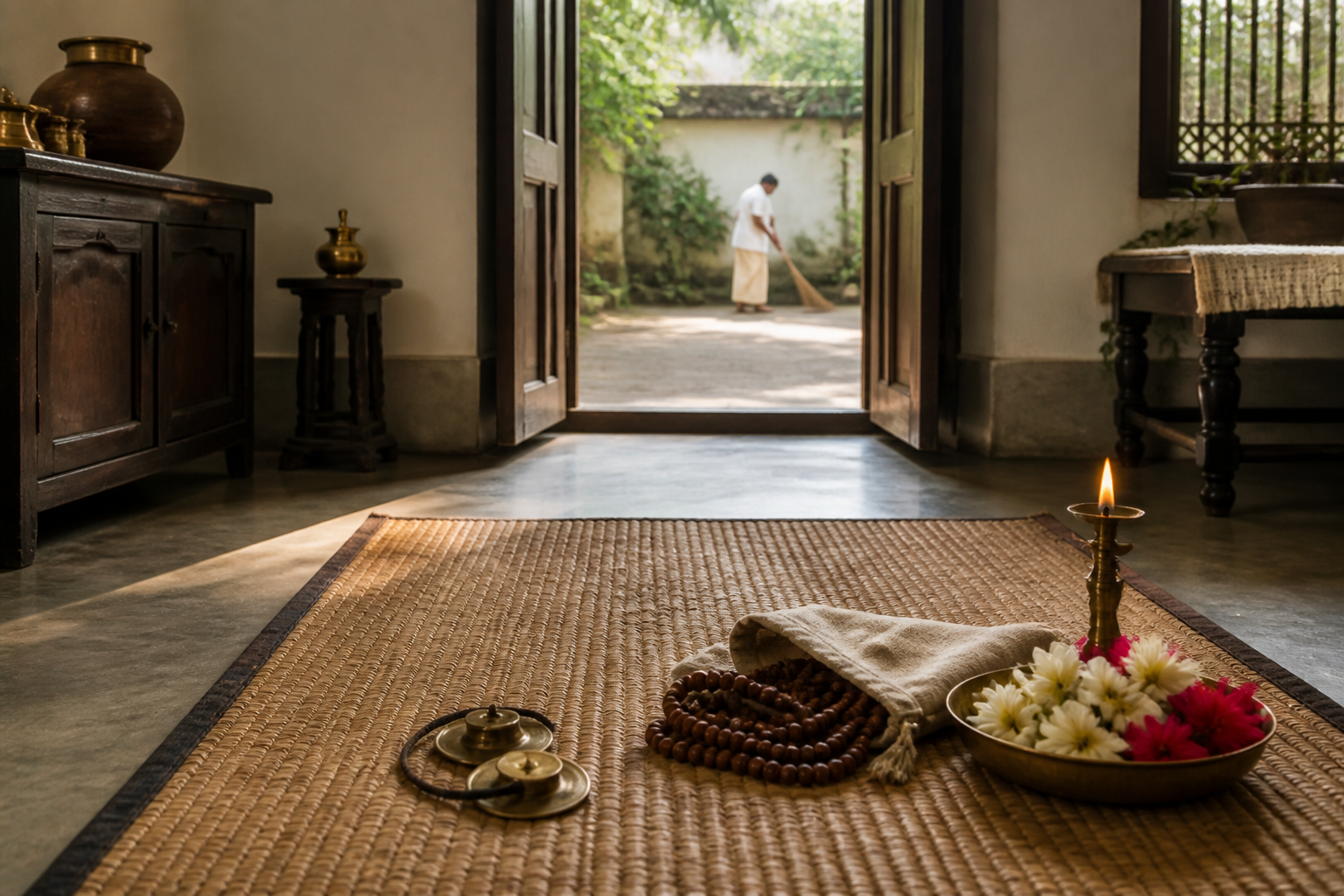 Devotional objects rest beside a meditation mat while a volunteer sweeps the sunlit courtyard beyond an open doorway.