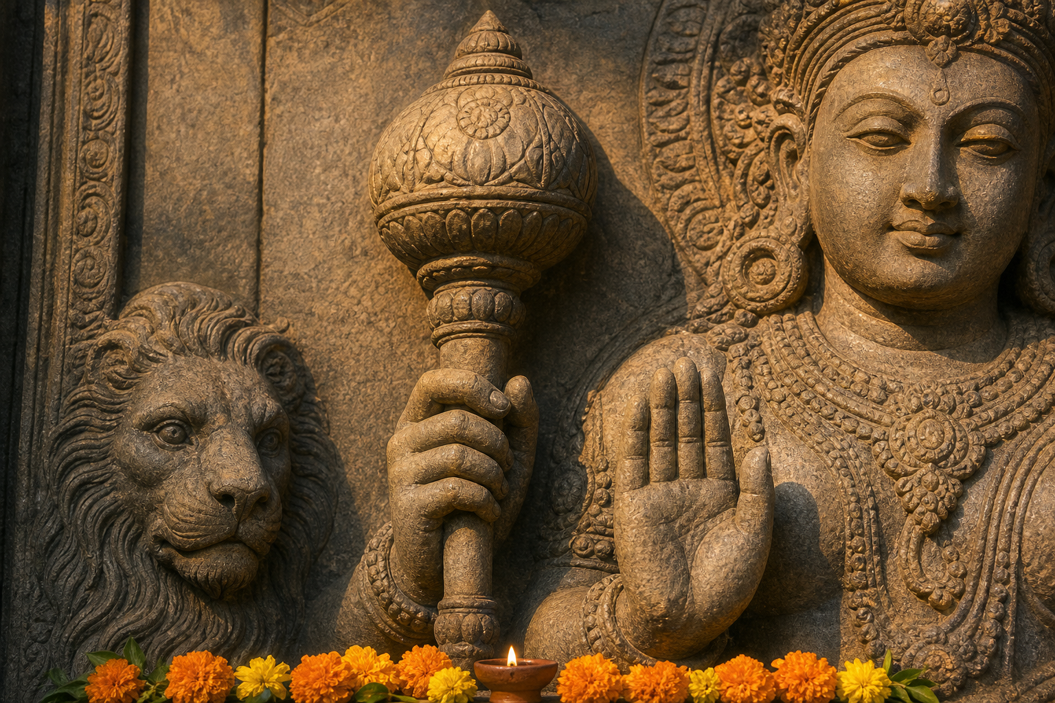 A sunlit stone relief shows one hand holding an upright gada and another raised in a protective gesture, with a carved lion, marigolds, and a clay lamp nearby.