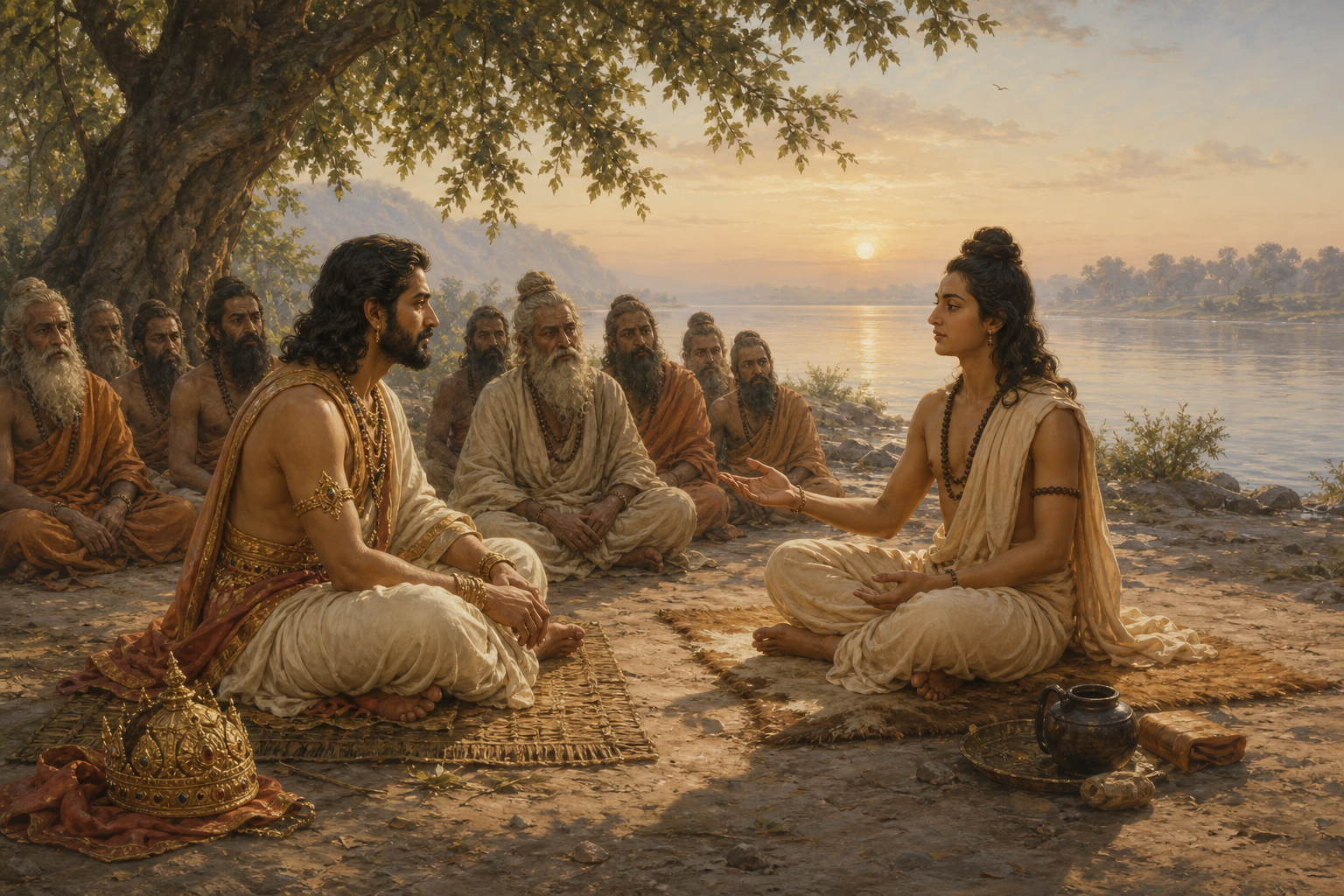 King Pariksit listens attentively to the sage Shukadeva beside the Ganges while an assembly of sages sits around them.