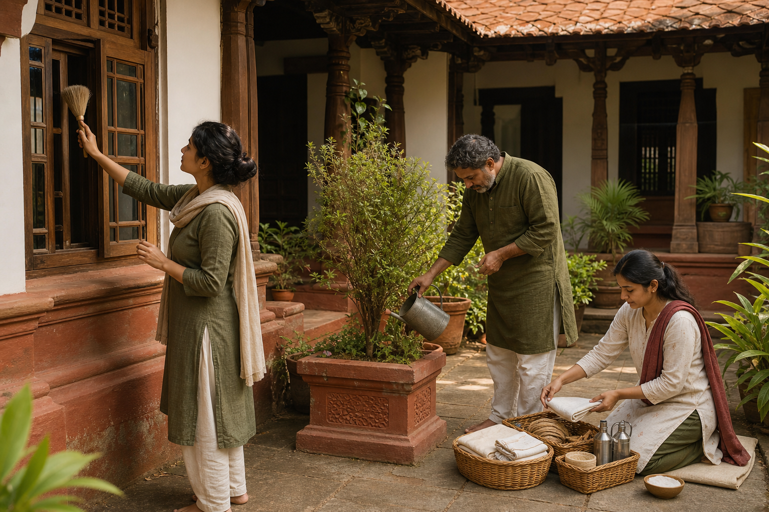 Volunteers dust a wooden window, water a tulasi plant and organize supplies in the courtyard of a heritage house.
