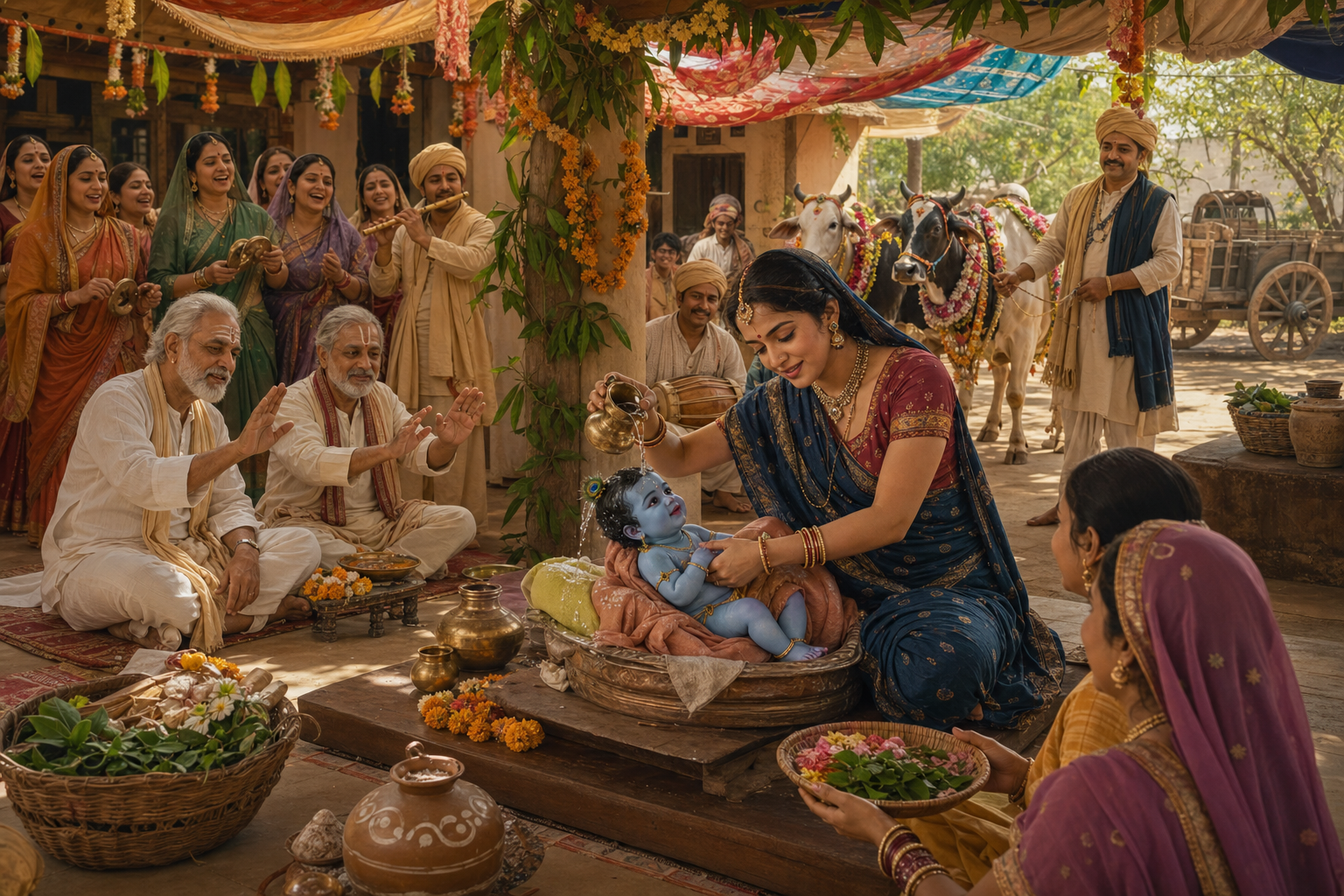 Mother Yashoda bathes infant Krishna in a decorated courtyard while Brahmanas bless him, musicians perform, guests are served and garlanded cows wait nearby.