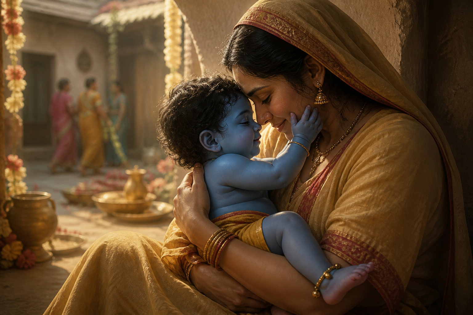 Mother Yashoda cradles baby Krishna in a quiet alcove while traces of the ceremony remain in the courtyard behind them.