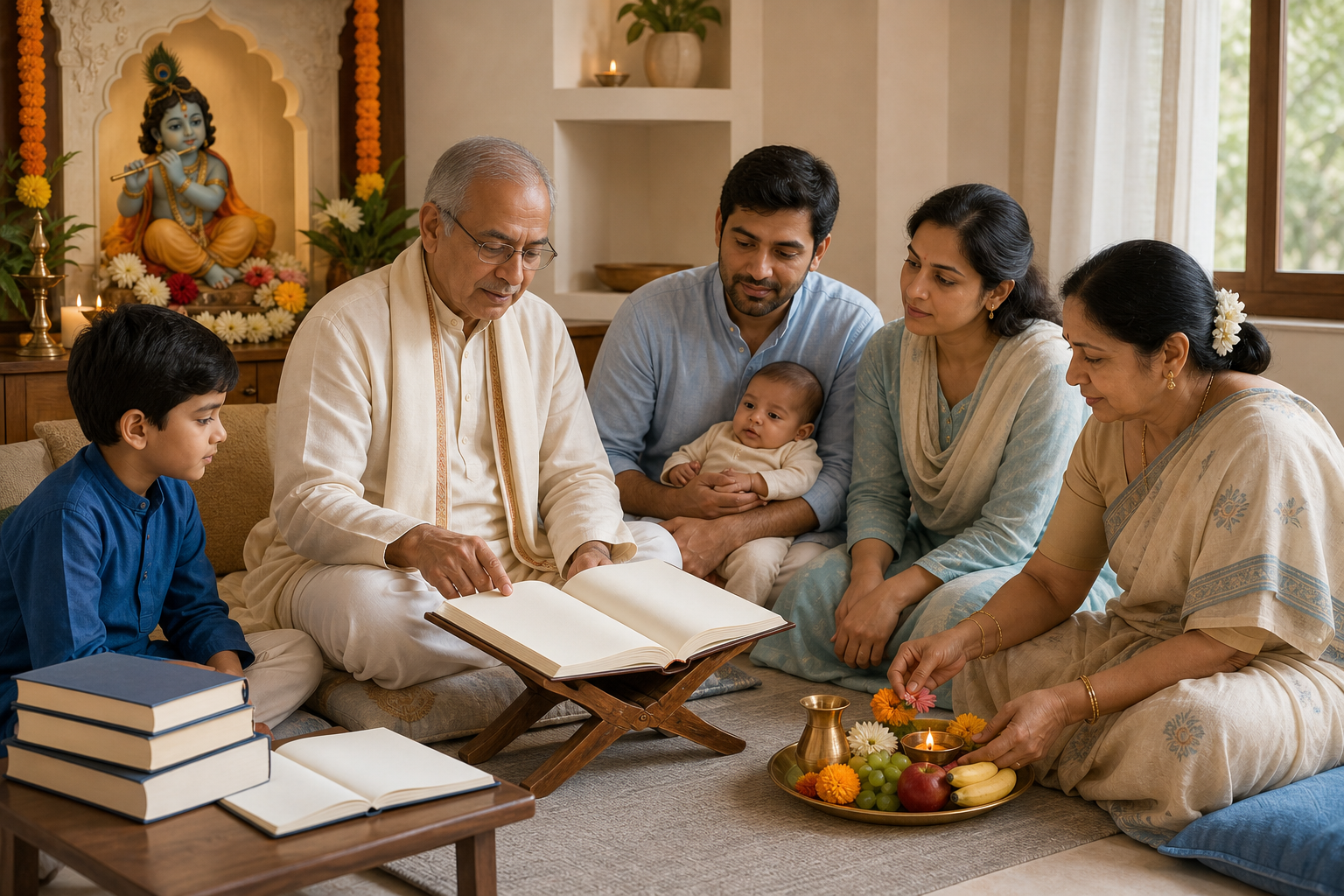 Three generations of a family study together in a home shrine room while a parent holds an infant and simple devotional offerings rest nearby.