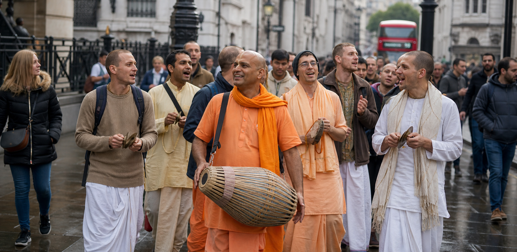 Hare Krishna devotees sing, dance, and play a drum and hand cymbals during a street kirtan in central London as passersby watch.