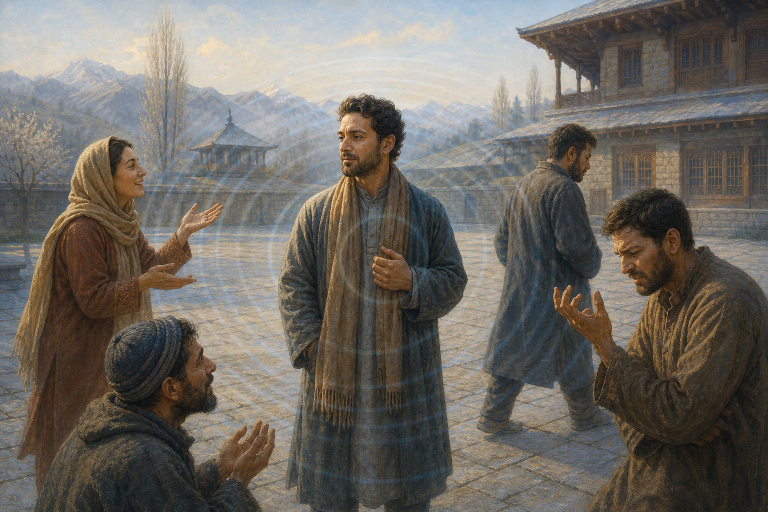 A calm person stands among people offering praise, dismissal, frustration, and a request for help in a mountain courtyard lit by the same warm light.