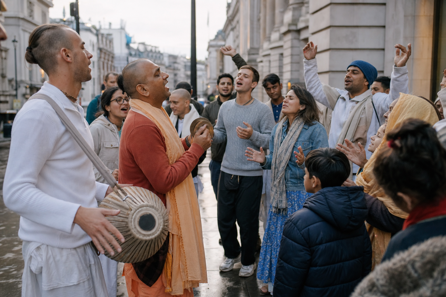 A kirtan leader sings with hand cymbals while a group responds and a musician plays a mridanga drum on a London street.