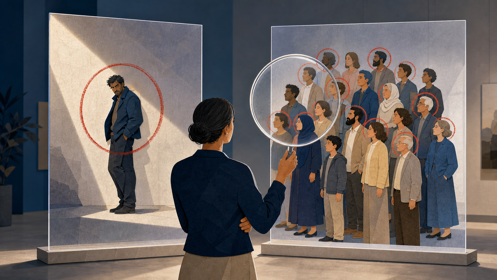 A person compares a panel showing one fictional character with another panel projecting the same negative trait onto a diverse crowd.