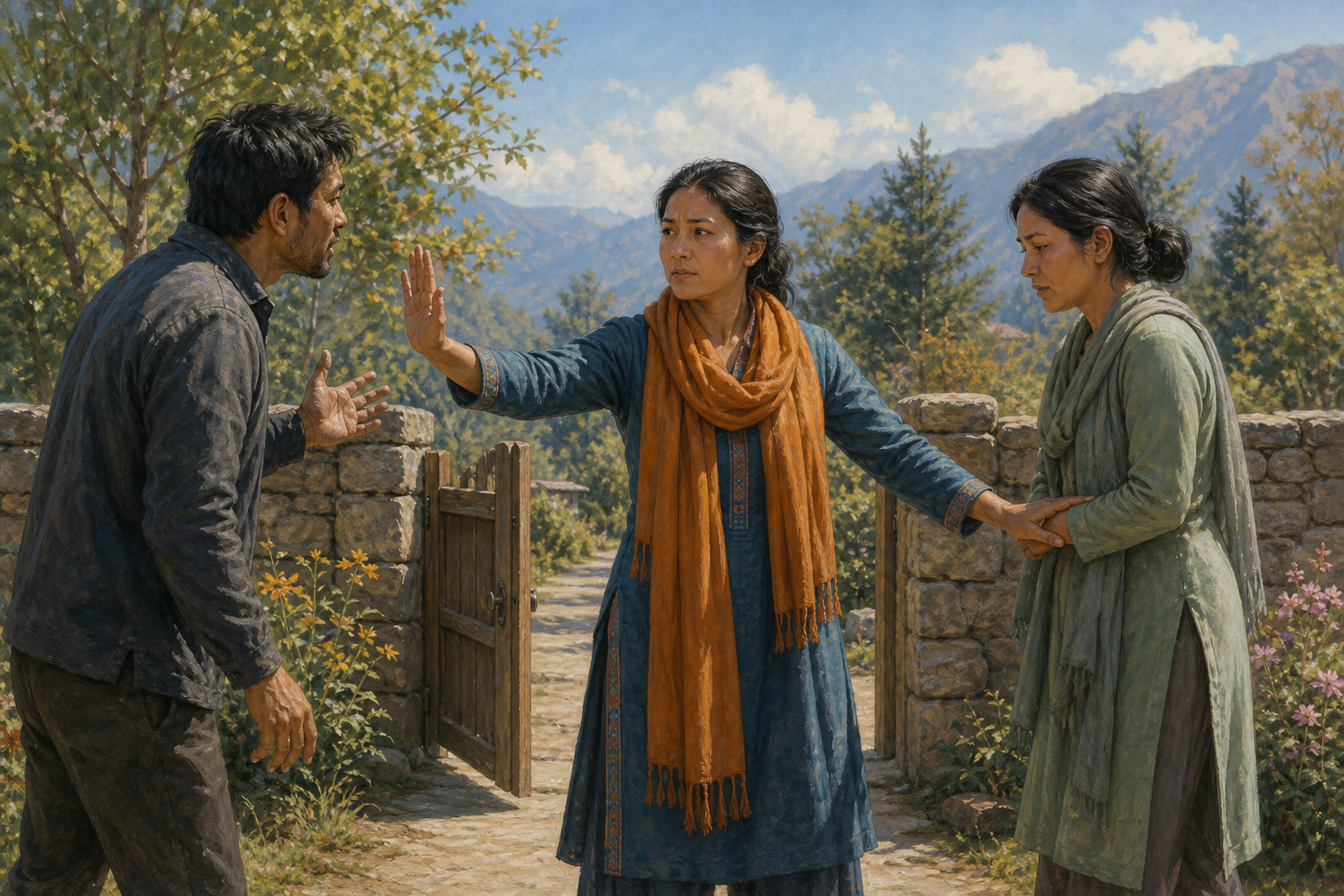 A person calmly blocks an aggressive approach with one hand while guiding another person through an open garden gate to safety.