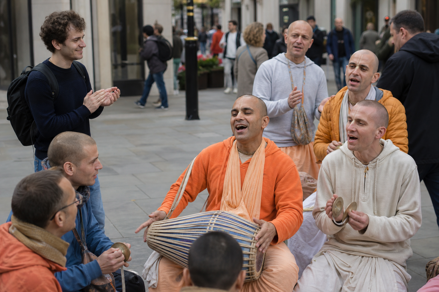 A casually dressed newcomer stands at the edge of a London street kirtan and claps along beside devotees and musicians.