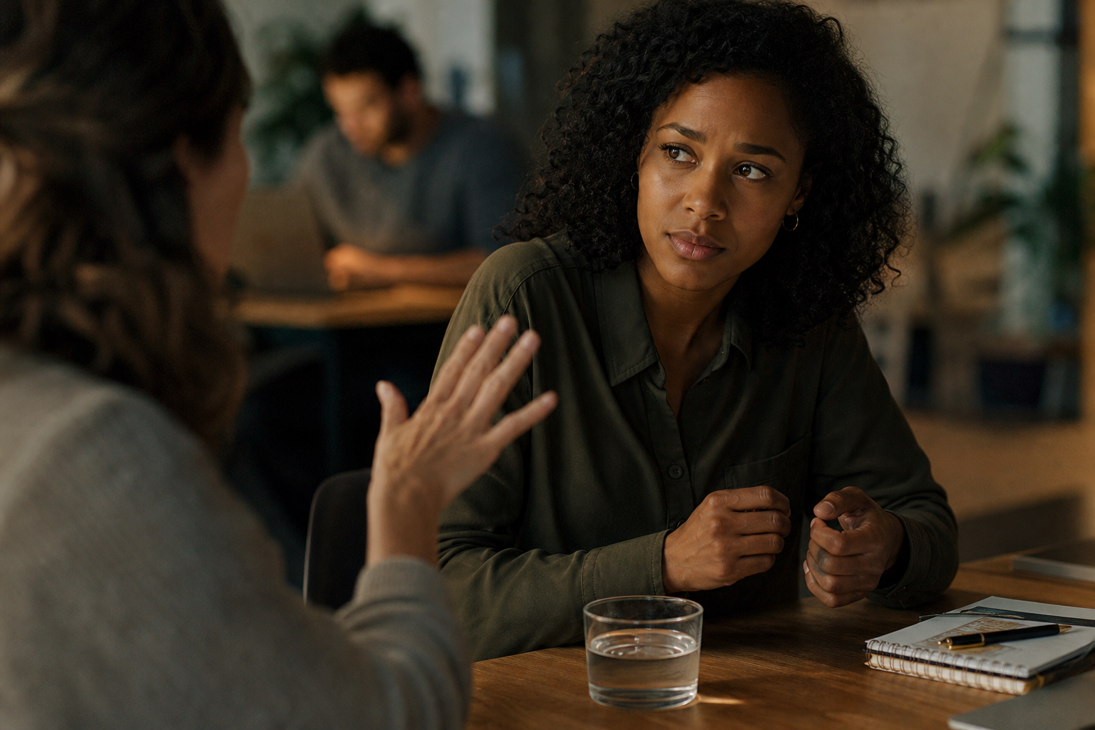 At a shared table, one person pauses with unclenching hands after another person makes a dismissive gesture, while ripples spread across a nearby cup of water.
