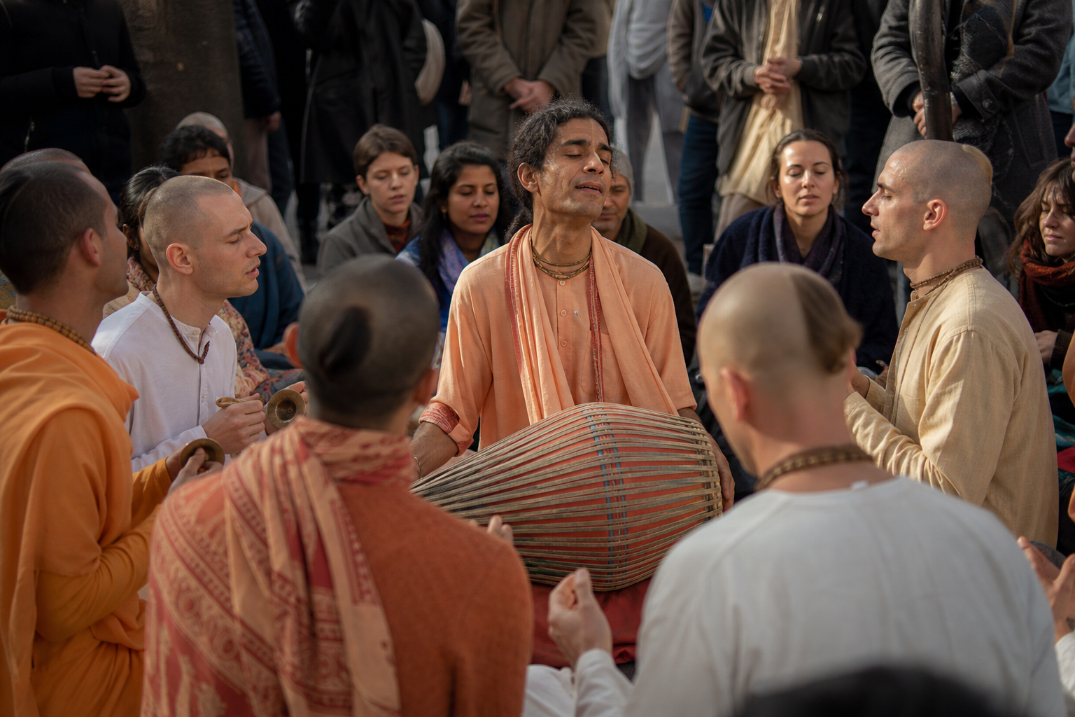 Devotees sing in a close circle around a mridanga drummer during a prayerful street kirtan while onlookers stand nearby.