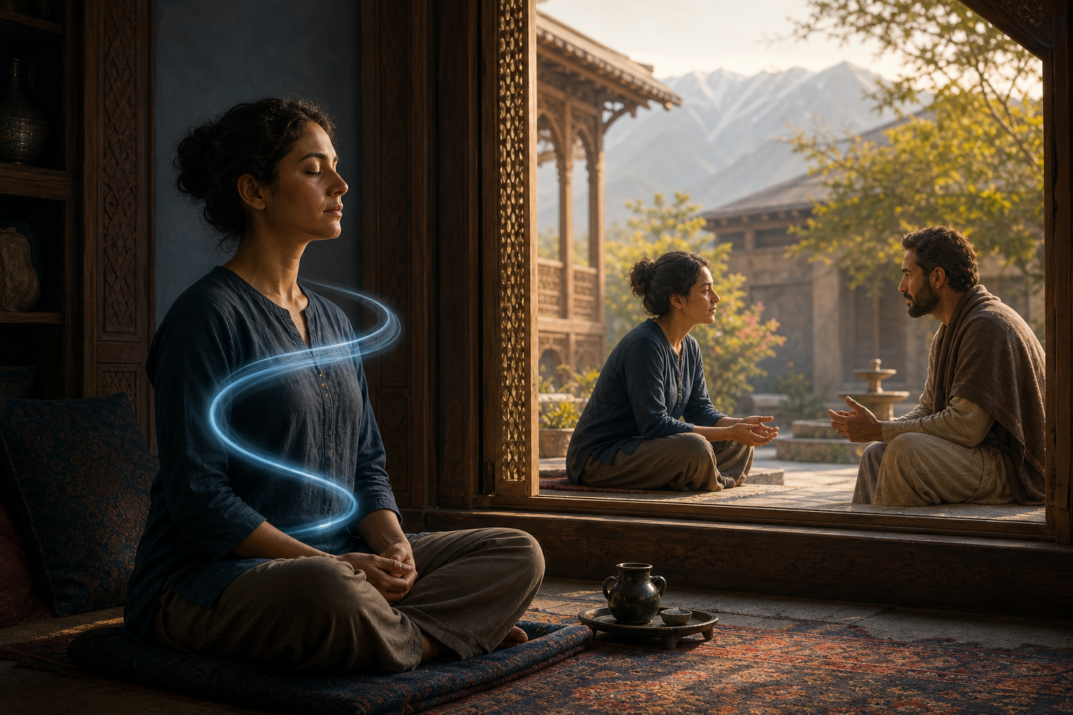 A person meditates by an open window in the foreground and later listens calmly to another person in the sunlit courtyard beyond.