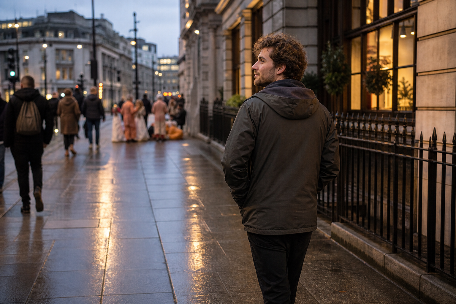 A thoughtful pedestrian walks along a London pavement while a street kirtan continues softly out of focus in the background.
