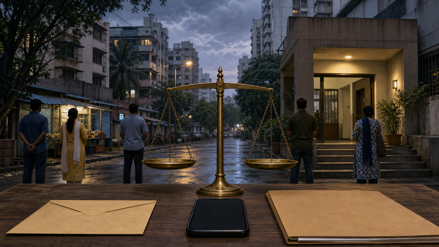 A balanced scale stands between an evidence table and an unmarked police station on a suburban Mumbai street as residents wait nearby.