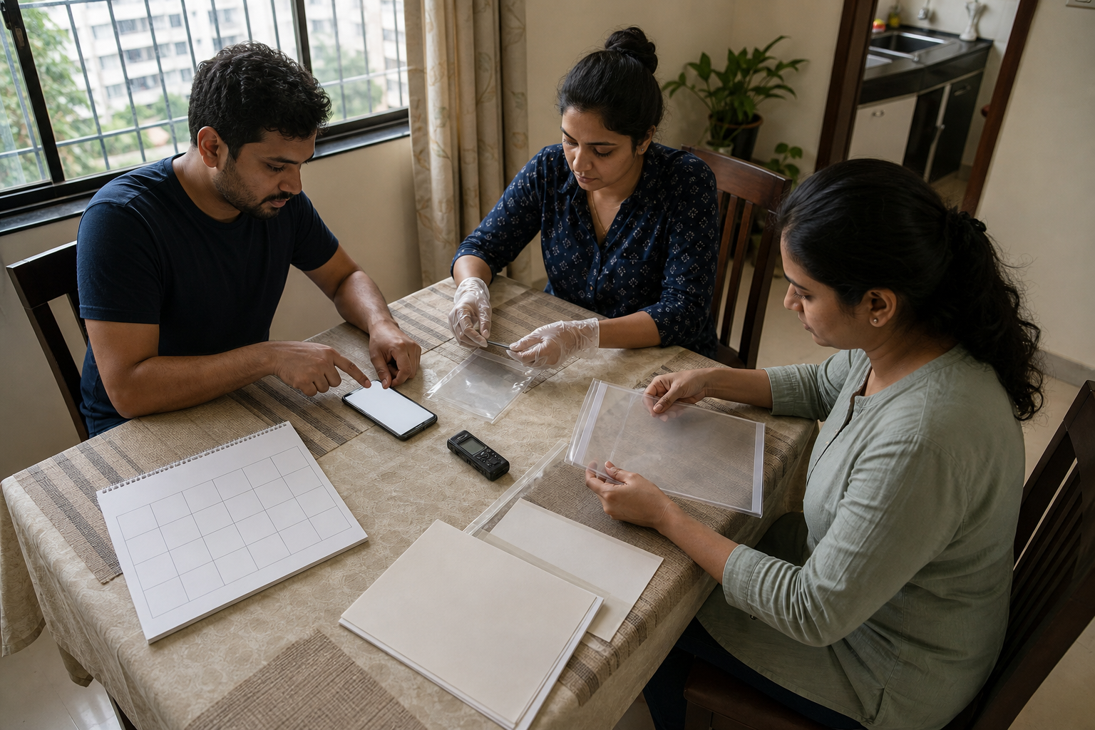 Three residents organize a phone, recorder, calendar, and sealed evidence sleeves on a table inside an apartment.