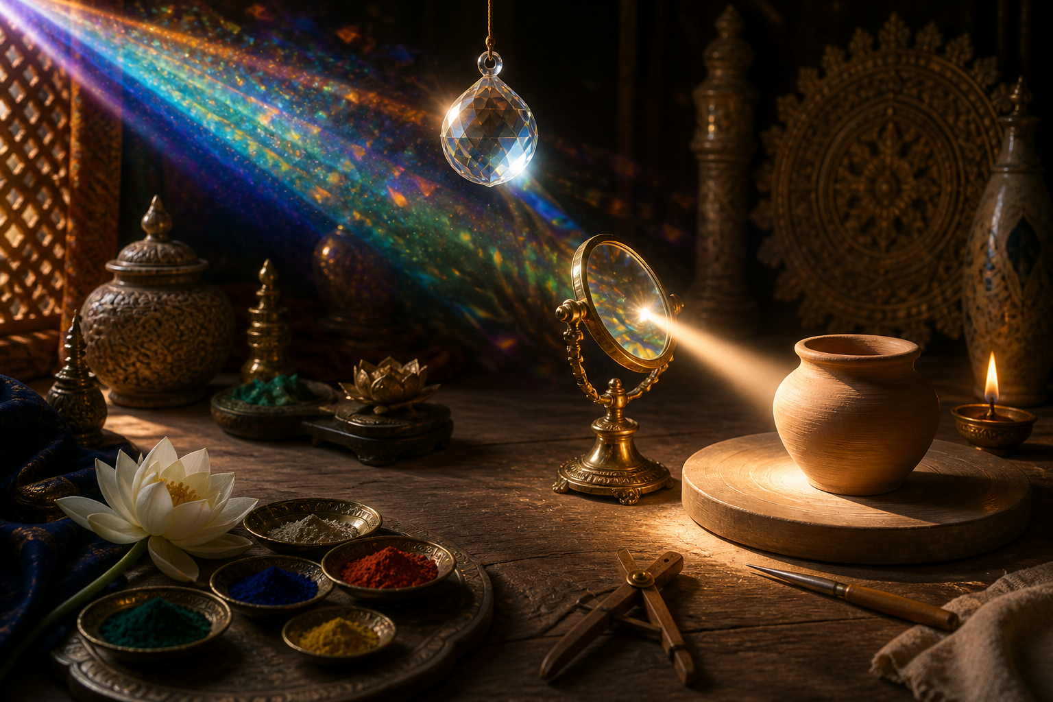 Colored light from a hanging crystal is redirected by a brass mirror onto one unfinished clay vessel on an artisan's table.