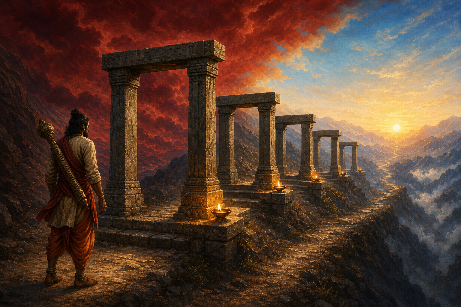 A traveler carrying a sheathed gada pauses on a mountain path before five lamp-lit stone thresholds leading toward a clear sunrise.