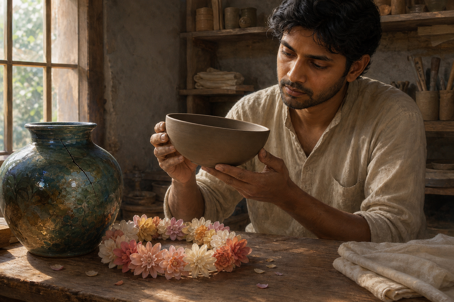 An artisan examines a plain hand-thrown bowl beside a cracked glazed vessel and a garland of paper flowers in a craft studio.