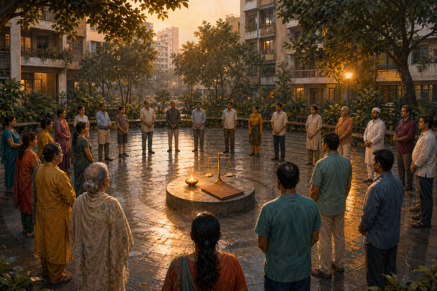 Residents stand calmly around a lit oil lamp, an unmarked folder, and a balance scale in a neighborhood courtyard.