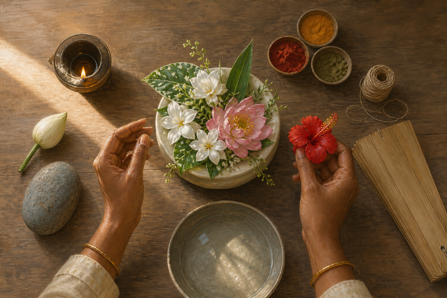Hands pause over a simple floral arrangement while holding back one vivid blossom on a table with a lamp, lotus bud, water bowl, pigments, and craft materials.
