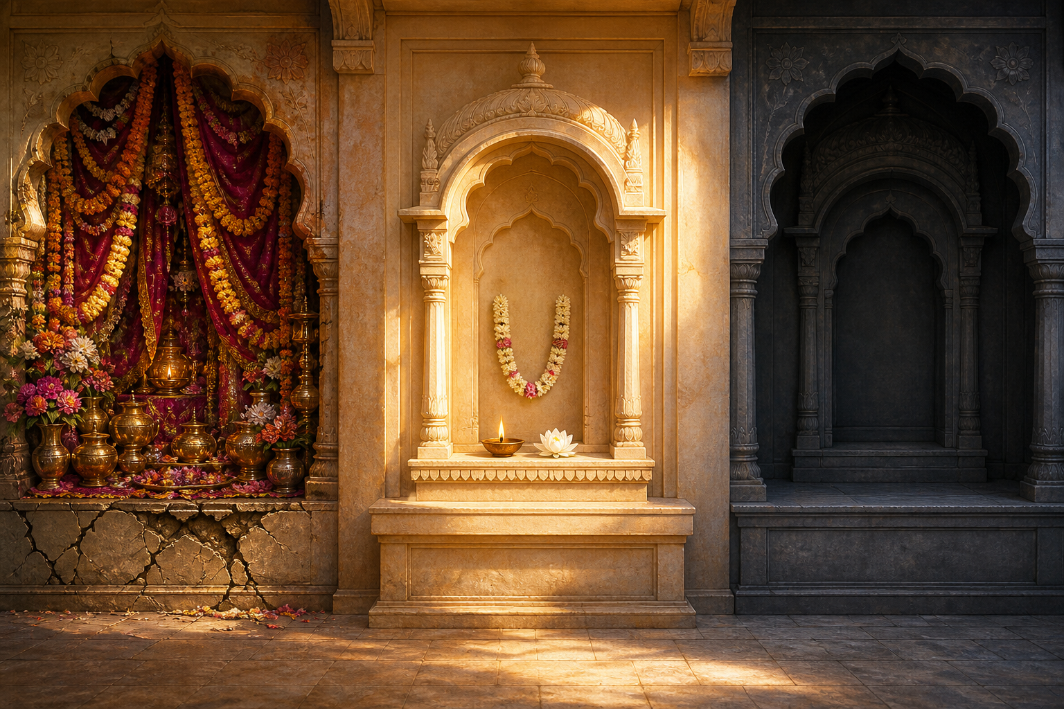 A courtyard contains an overloaded alcove with a cracked base, a bare shadowed alcove, and a well-kept central niche with one garland, lamp, and lotus.