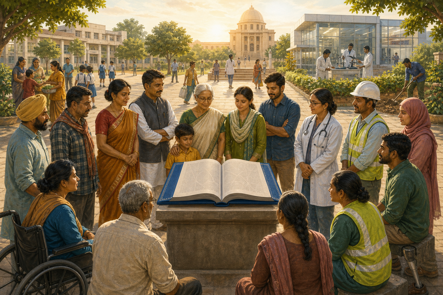 A diverse group of Indian citizens gathers around an open blue-bound constitutional volume in a sunlit civic courtyard.