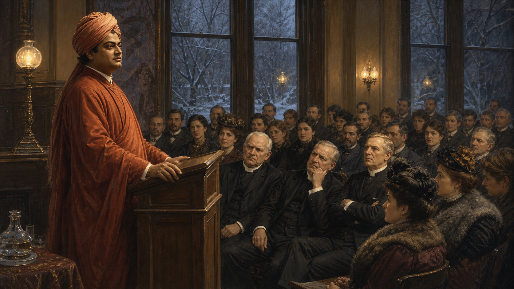 Swami Vivekananda speaks at a wooden lectern before a mixed audience in a late-19th-century Detroit hall while several clergymen watch skeptically.
