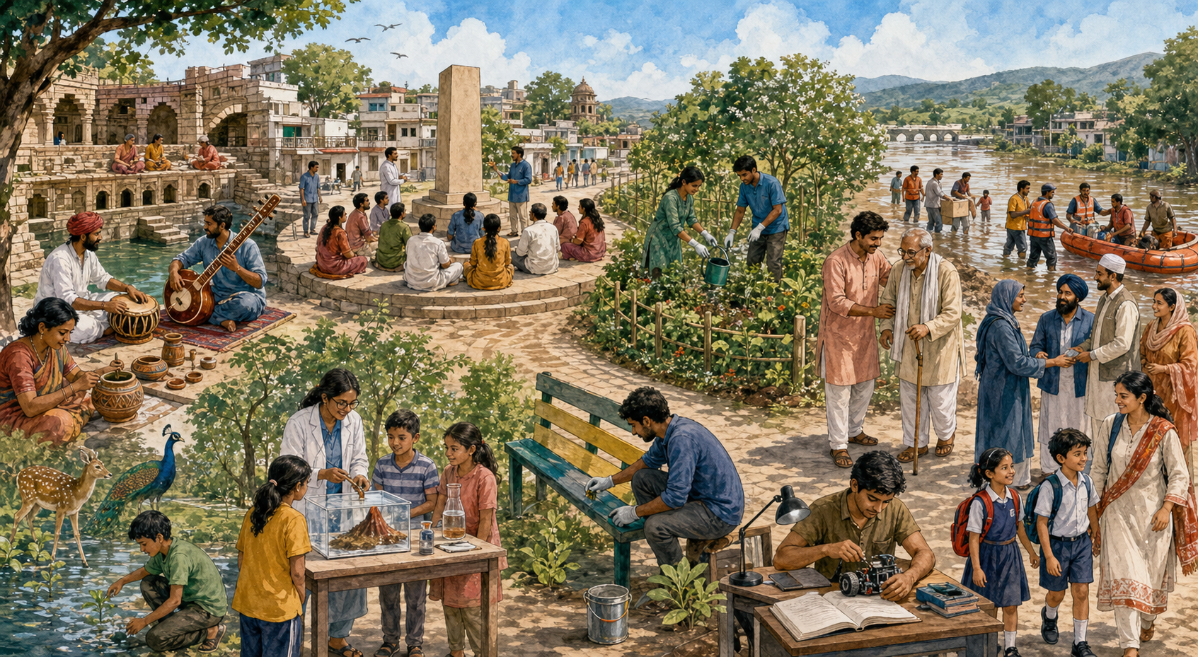 Citizens study, help neighbors, protect nature, preserve heritage, care for public spaces, and accompany children to school across a connected community scene.