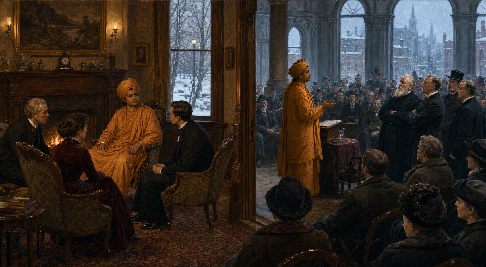 A warmly lit Victorian parlor opens into a crowded public lecture hall where a Hindu monk faces attentive listeners and skeptical clergymen.