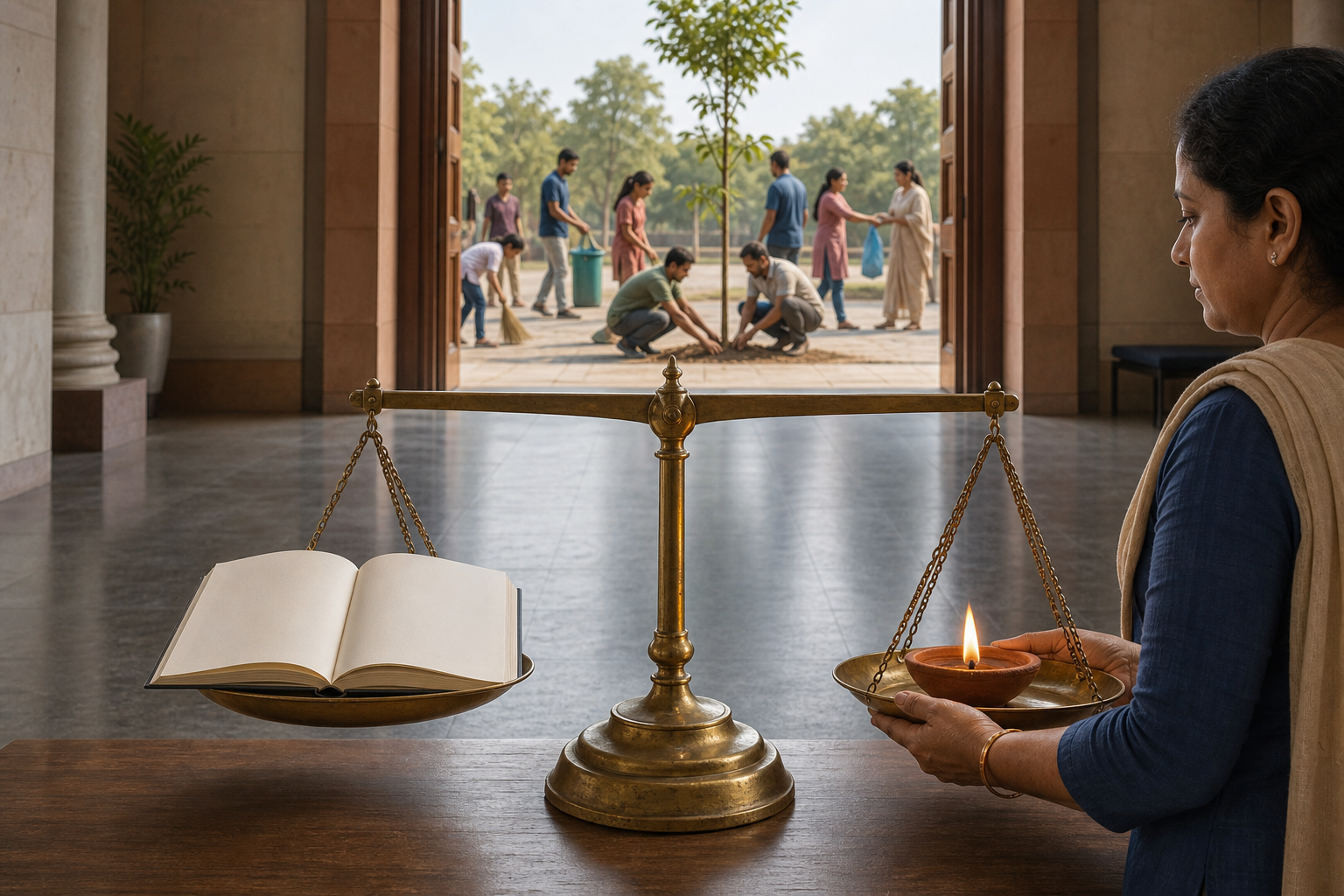 A balanced scale holds an open book on one side and a citizen-held clay lamp on the other, with voluntary community service visible beyond a civic hall.