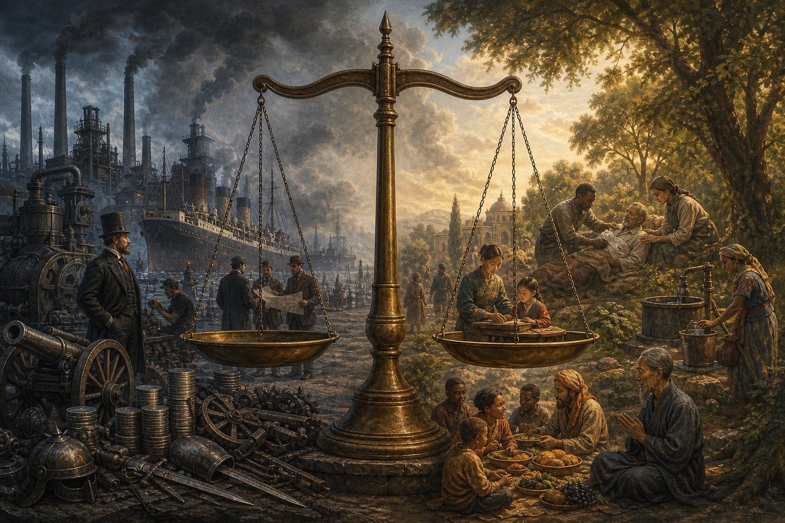 An unmarked brass balance stands between factories, coins, a steamship, and weapons on one side and scenes of care, teaching, shared food, clean water, and prayer on the other.
