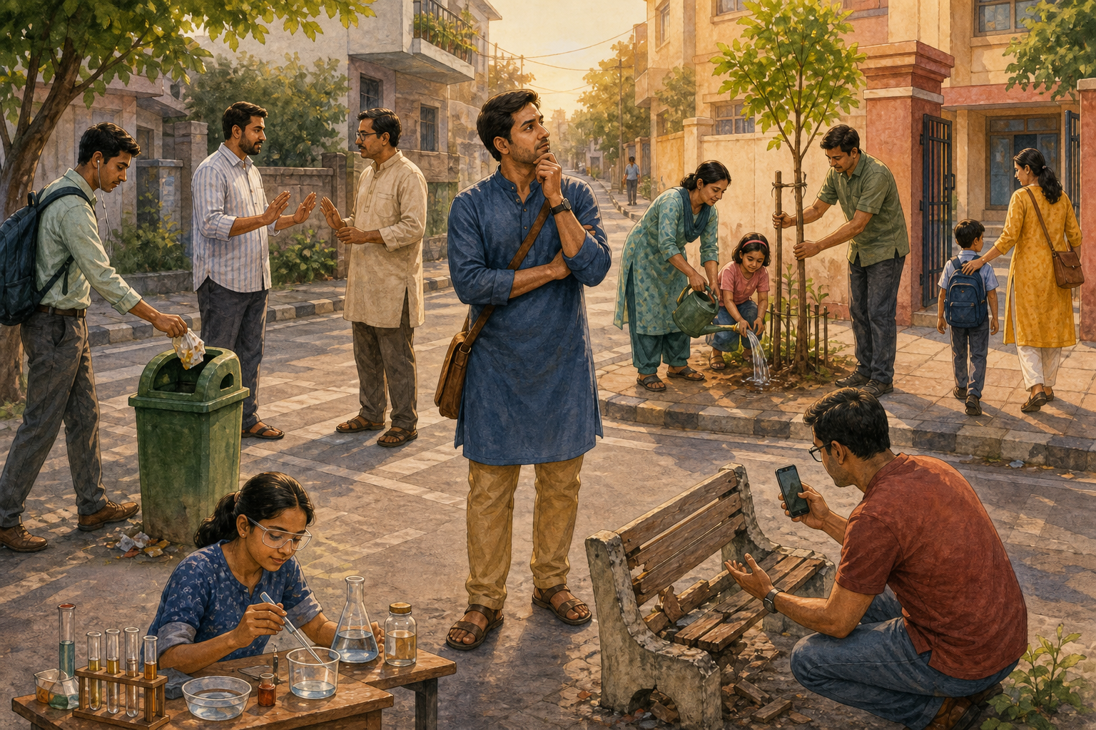 People make everyday civic choices by using a waste bin, calming a dispute, caring for a tree, protecting a public bench, practicing science, and taking a child to school.