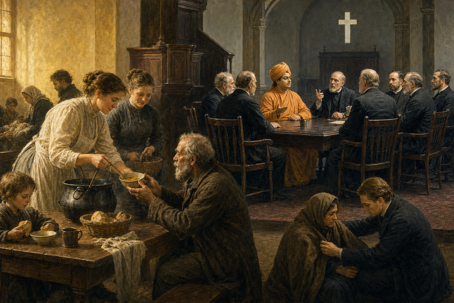Christian volunteers care for neighbors in the foreground while Swami Vivekananda debates a group of clergymen at a table inside a late-19th-century church.