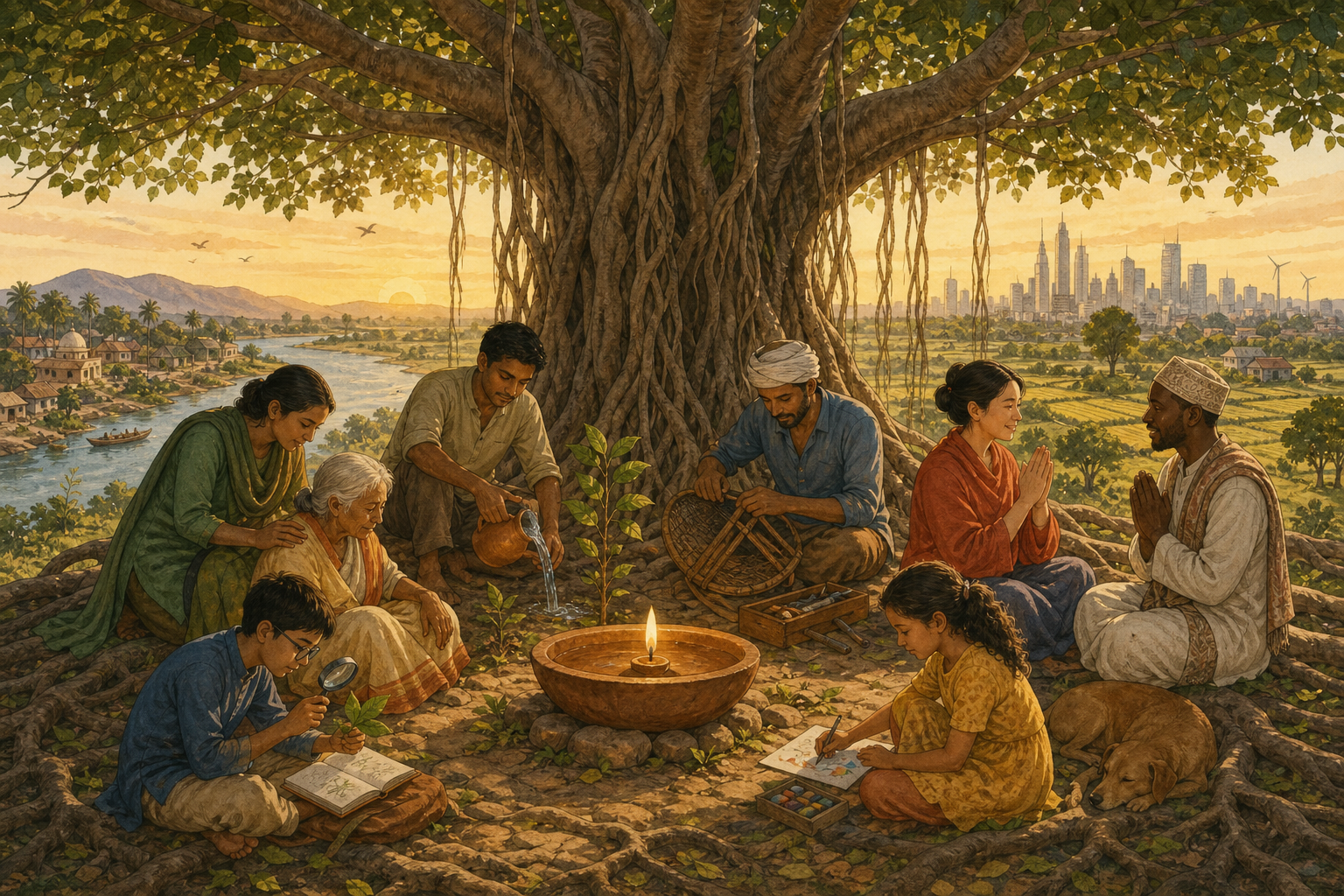 Citizens beneath a banyan tree care for an elder, a sapling, a shared lamp, and communal objects beside a river landscape.