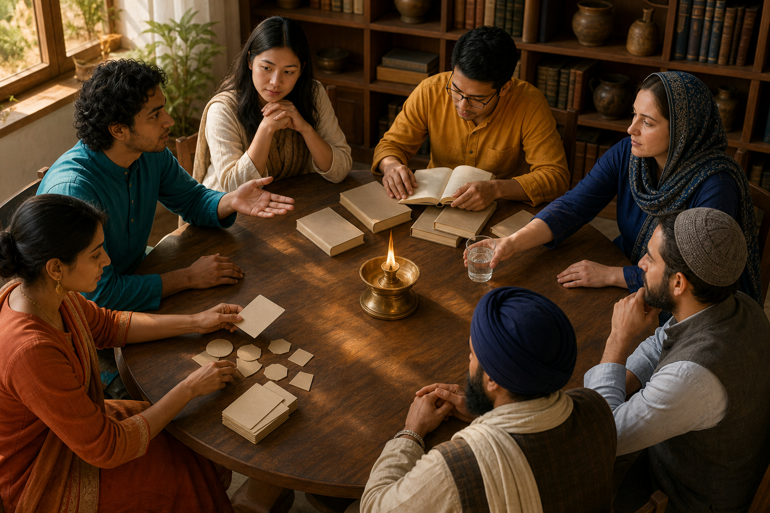 A diverse group holds a calm round-table discussion while participants listen, consult books, clarify a point, sort blank evidence tokens, and offer water.