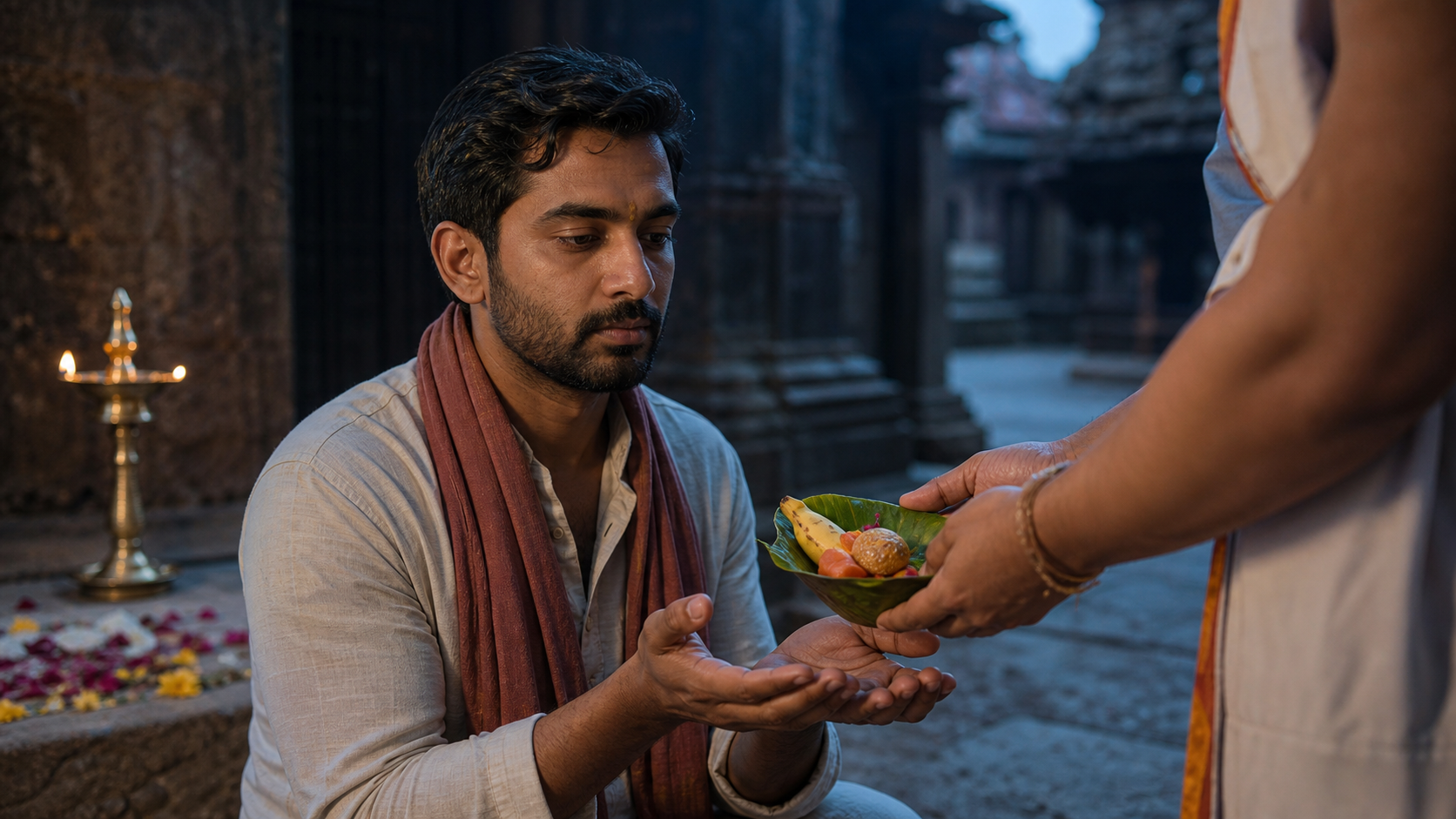 A seated adult in a quiet temple courtyard receives a small leaf bowl of fruit and a sweet with open hands at dawn.