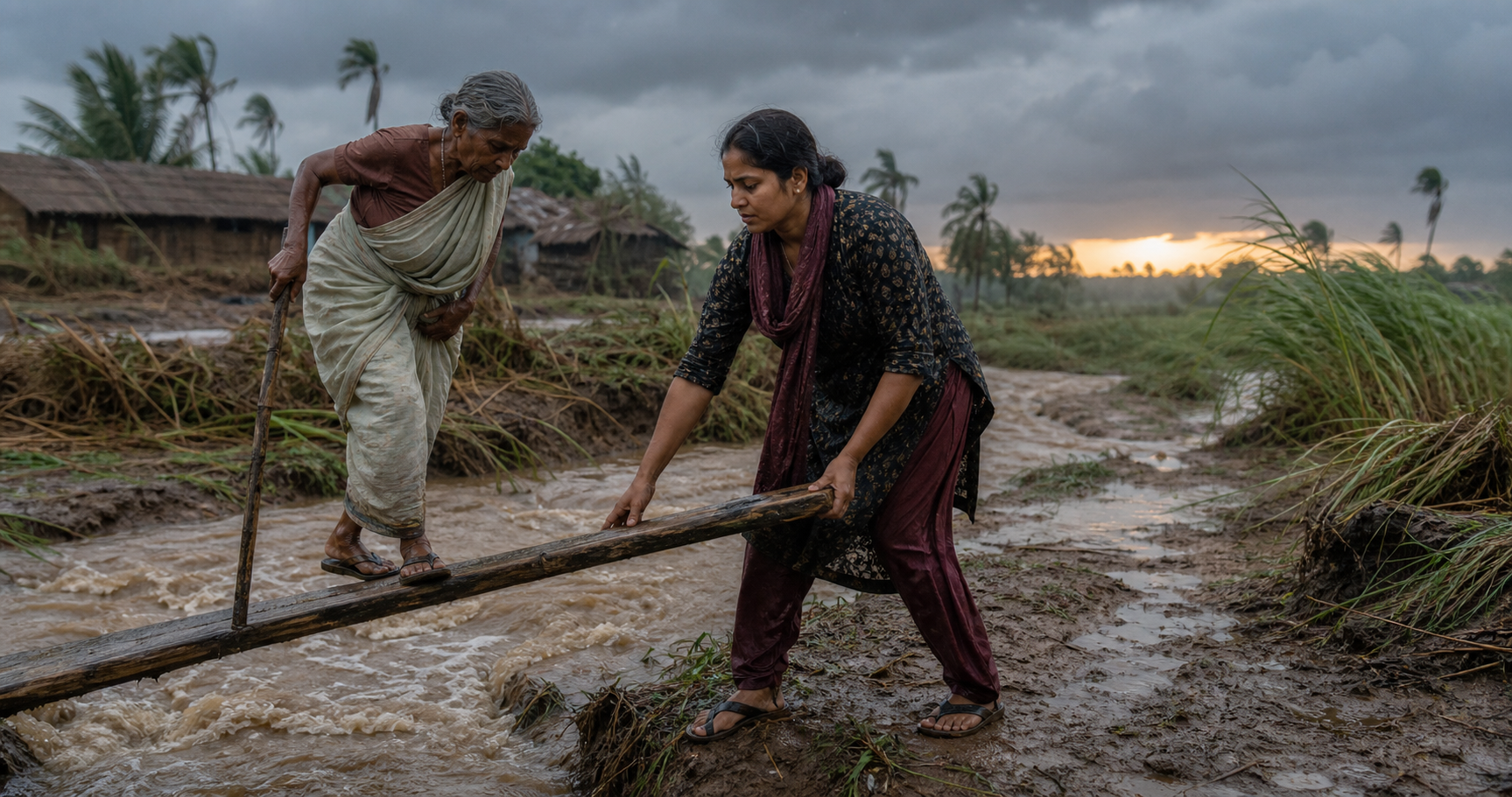 A woman steadies a wooden plank over a muddy, rain-swollen path while an elderly neighbor crosses after a storm.