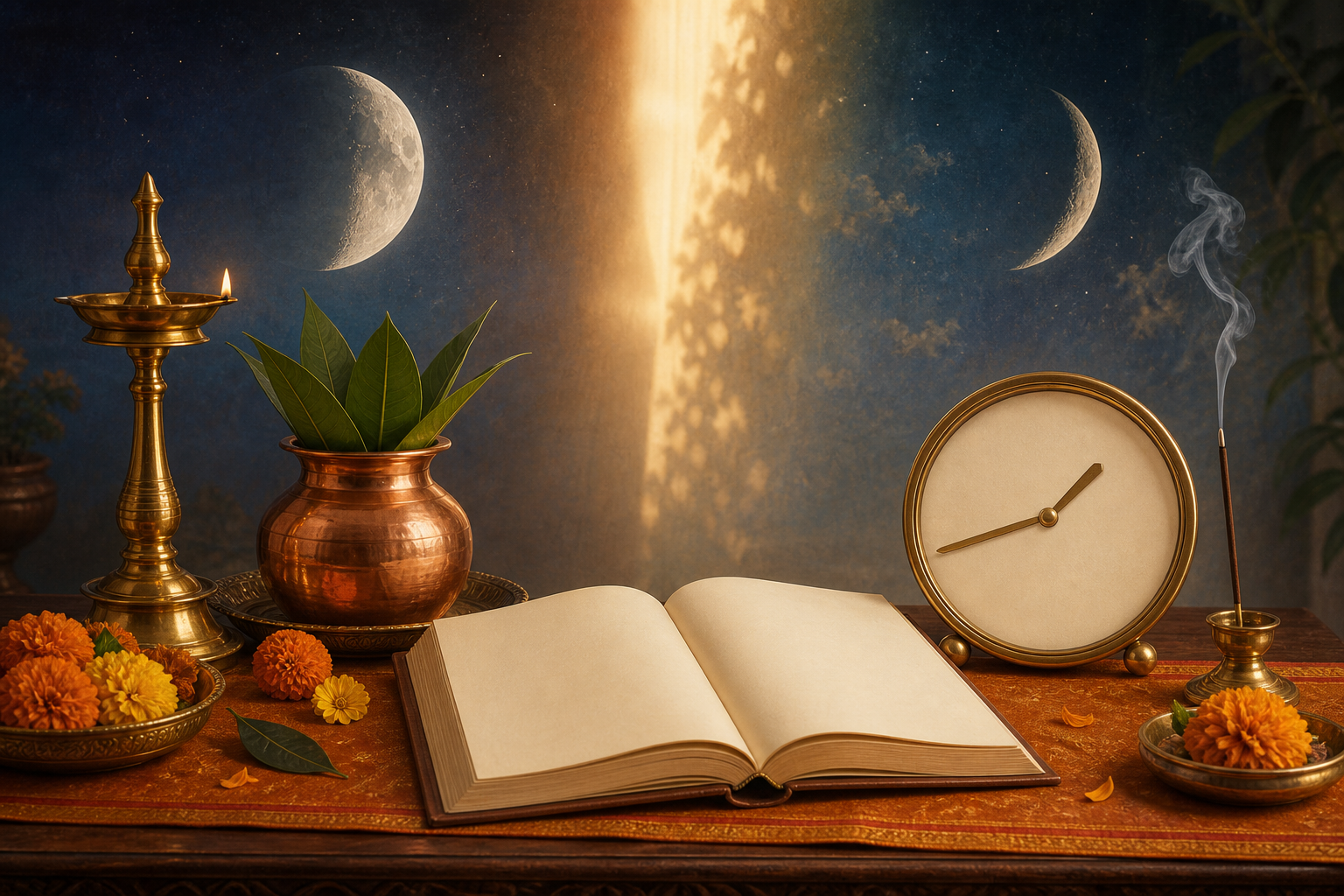 Brass puja items and an analog clock set near 1:42 beside a blank almanac, with a subtle waning-moon transition in the background.