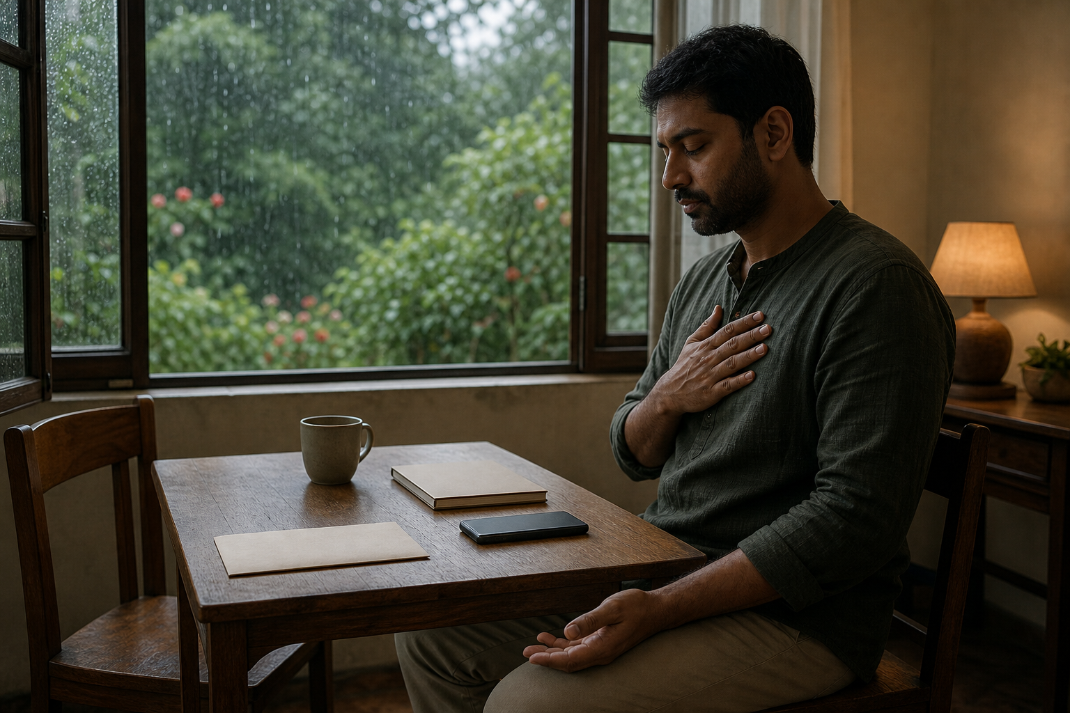An adult pauses with one hand over the heart at a table where a plain envelope and cup rest beside a rain-lit window.