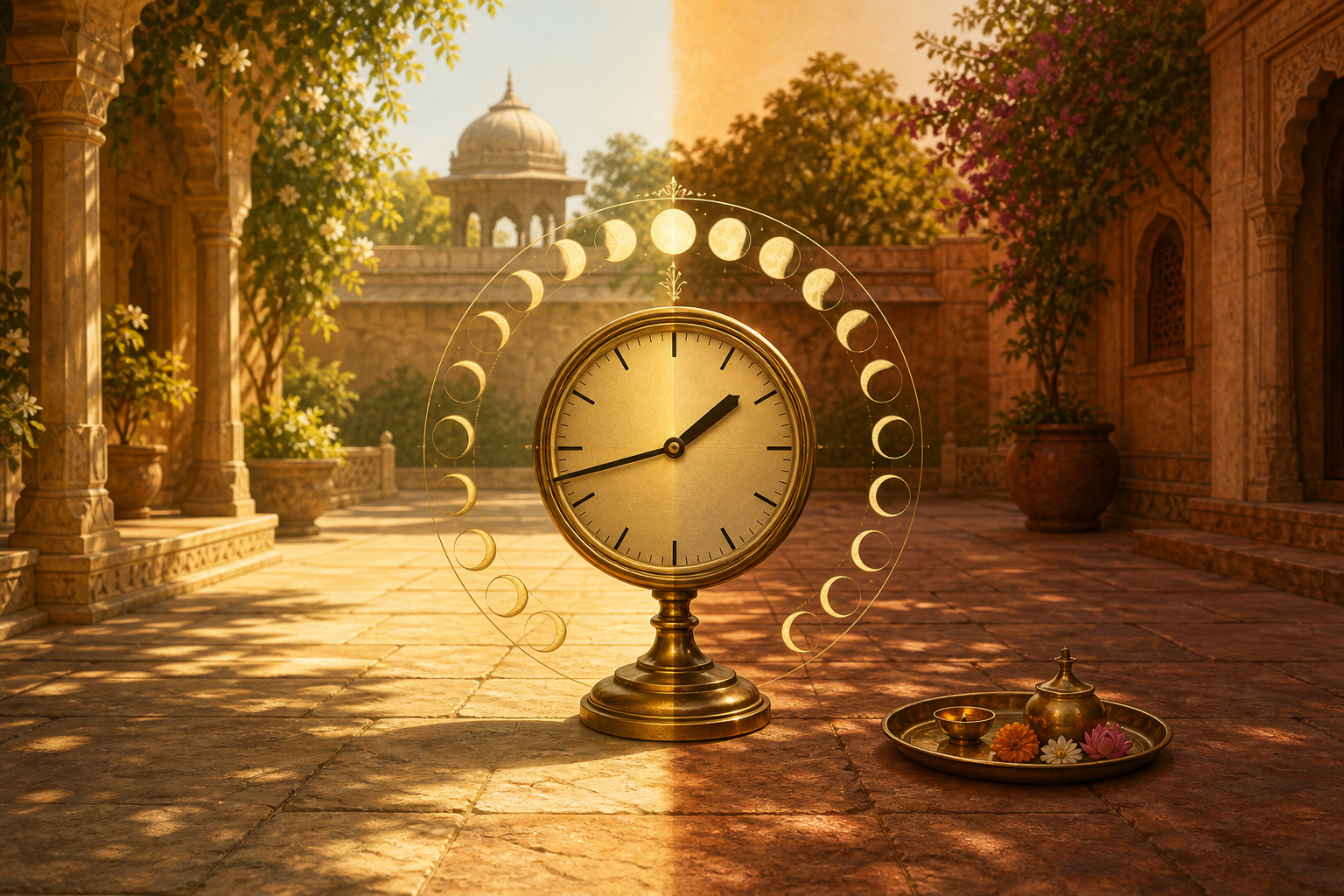 A brass clock near 1:42 divides a sunlit Indian courtyard into late-morning and early-afternoon portions, with a subtle lunar motif around it.