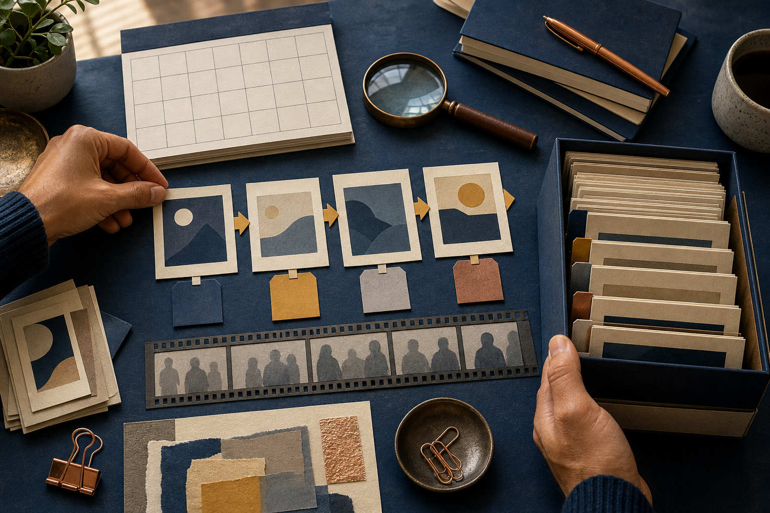 Hands organize abstract media frames, evidence cards, a magnifying glass, and a blank calendar on a desk.