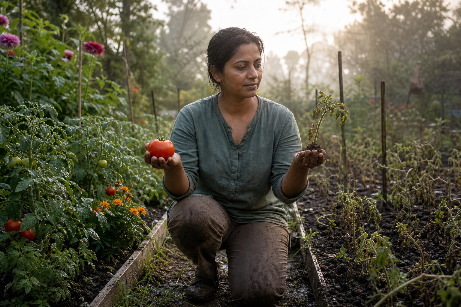 A gardener kneels between a flourishing vegetable bed and a storm-damaged bed, calmly holding produce and a bent plant.